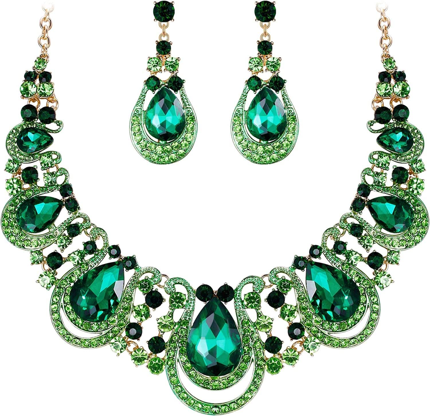 Brilove Women'S Costume Fashion Crystal Teardrop Hollow Scroll Statement Necklace Dangle Earrings Set 04-Emerald Color Gold-Tone