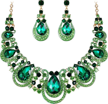 Brilove Women'S Costume Fashion Crystal Teardrop Hollow Scroll Statement Necklace Dangle Earrings Set 04-Emerald Color Gold-Tone