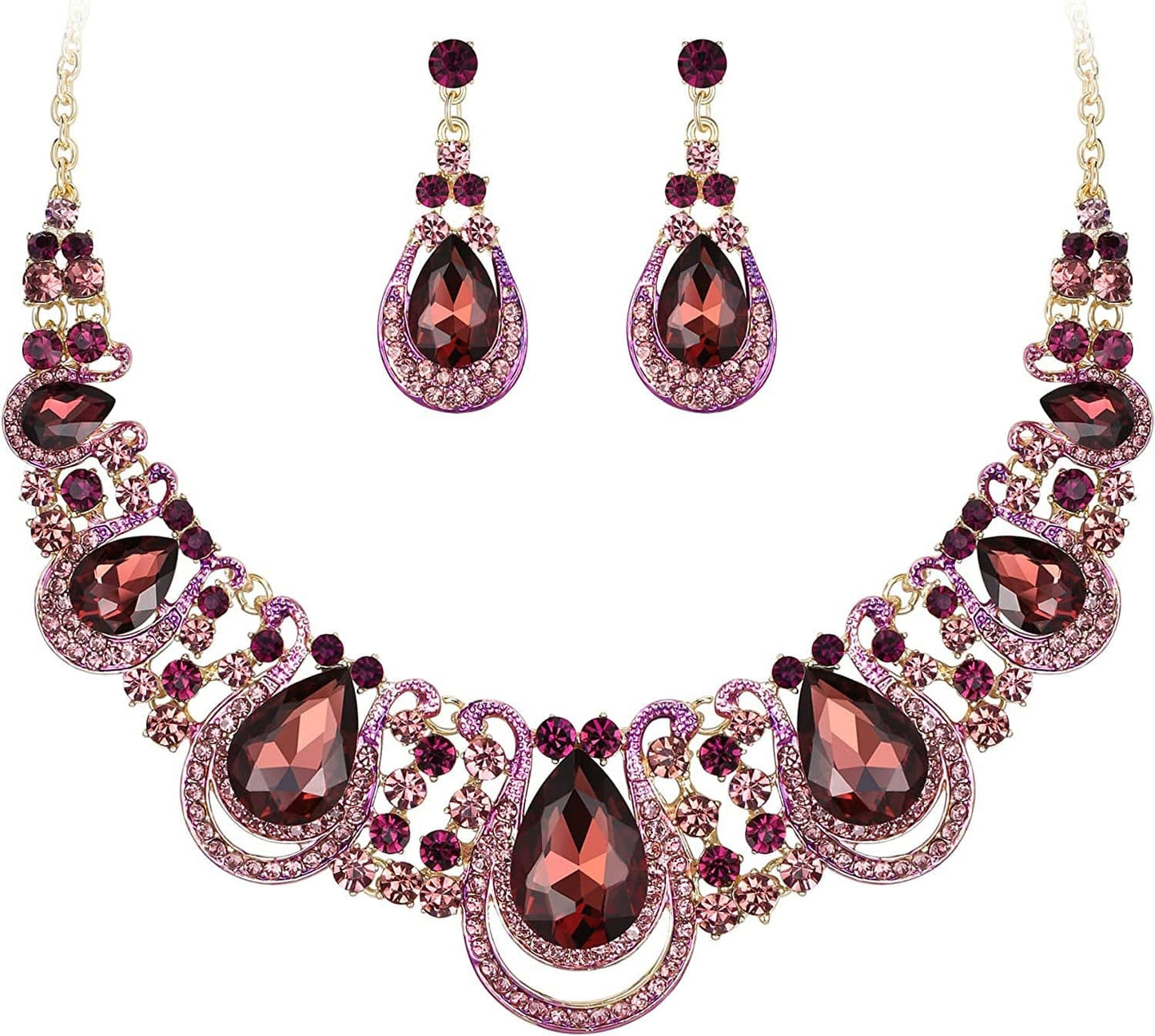 Brilove Women'S Costume Fashion Crystal Teardrop Hollow Scroll Statement Necklace Dangle Earrings Set 08-Amethyst Color Gold-Tone