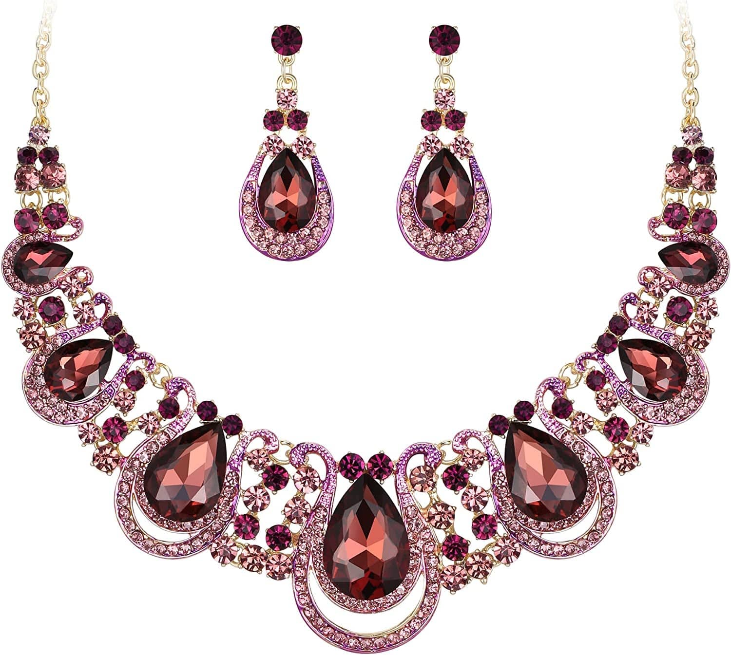 Brilove Women'S Costume Fashion Crystal Teardrop Hollow Scroll Statement Necklace Dangle Earrings Set 08-Amethyst Color Gold-Tone