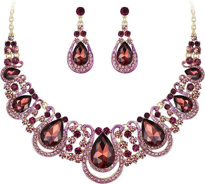 Brilove Women'S Costume Fashion Crystal Teardrop Hollow Scroll Statement Necklace Dangle Earrings Set 08-Amethyst Color Gold-Tone