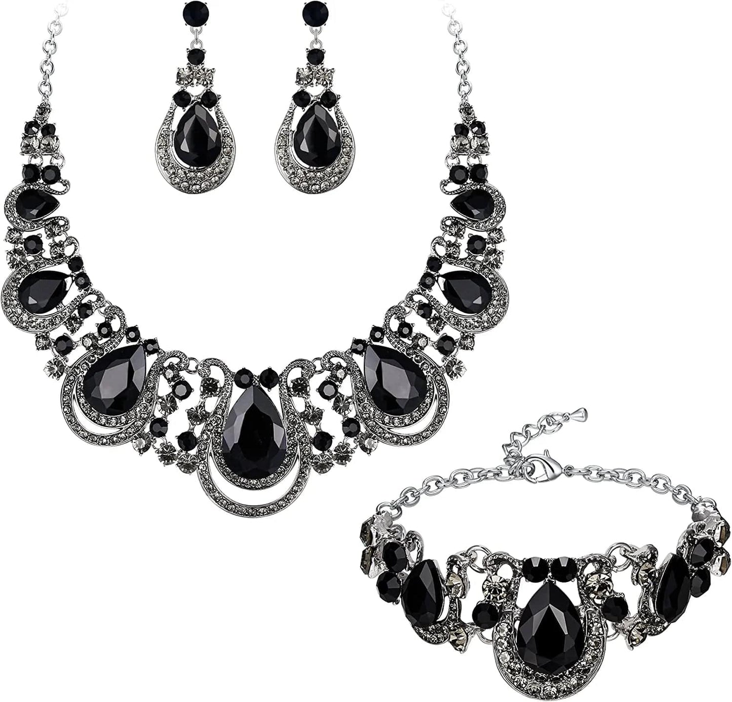 Brilove Women'S Costume Fashion Crystal Teardrop Hollow Scroll Statement Necklace Dangle Earrings Set Black