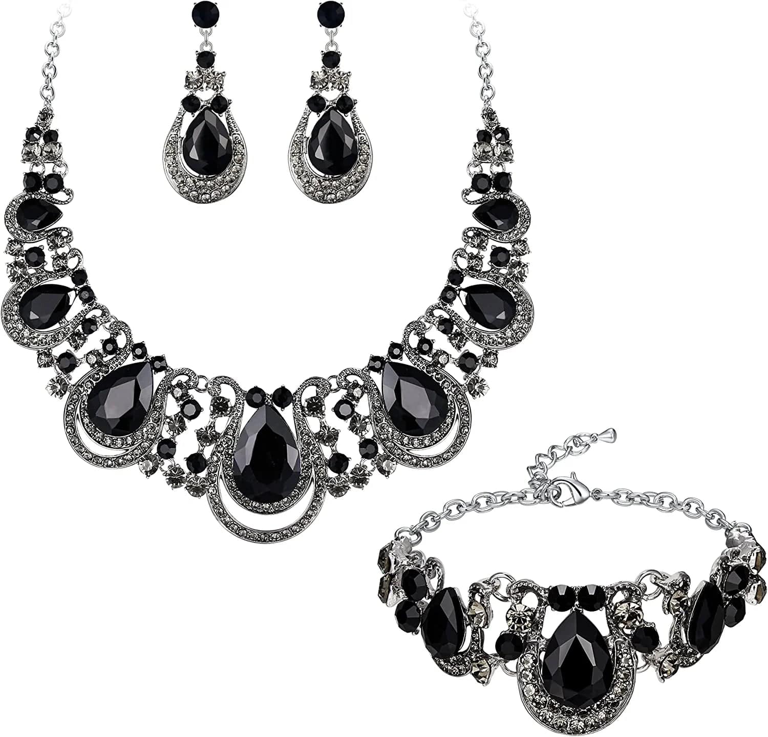 Brilove Women'S Costume Fashion Crystal Teardrop Hollow Scroll Statement Necklace Dangle Earrings Set Black