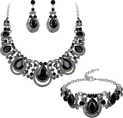 Brilove Women'S Costume Fashion Crystal Teardrop Hollow Scroll Statement Necklace Dangle Earrings Set Black