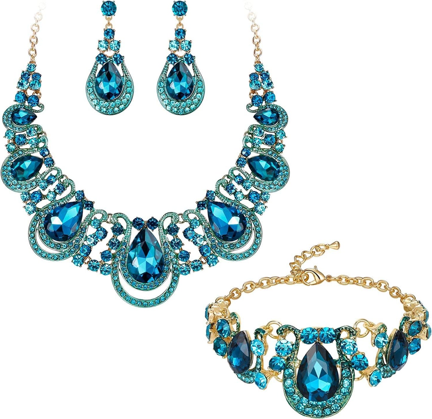 Brilove Women'S Costume Fashion Crystal Teardrop Hollow Scroll Statement Necklace Dangle Earrings Set Blue Topaz