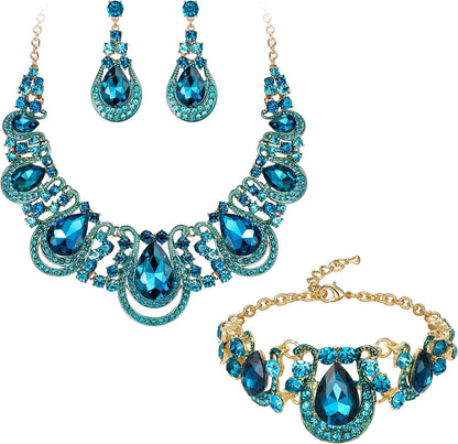 Brilove Women'S Costume Fashion Crystal Teardrop Hollow Scroll Statement Necklace Dangle Earrings Set Blue Topaz