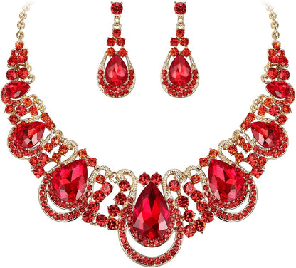 Brilove Women'S Costume Fashion Crystal Teardrop Hollow Scroll Statement Necklace Dangle Earrings Set 07-Ruby Color Gold-Tone