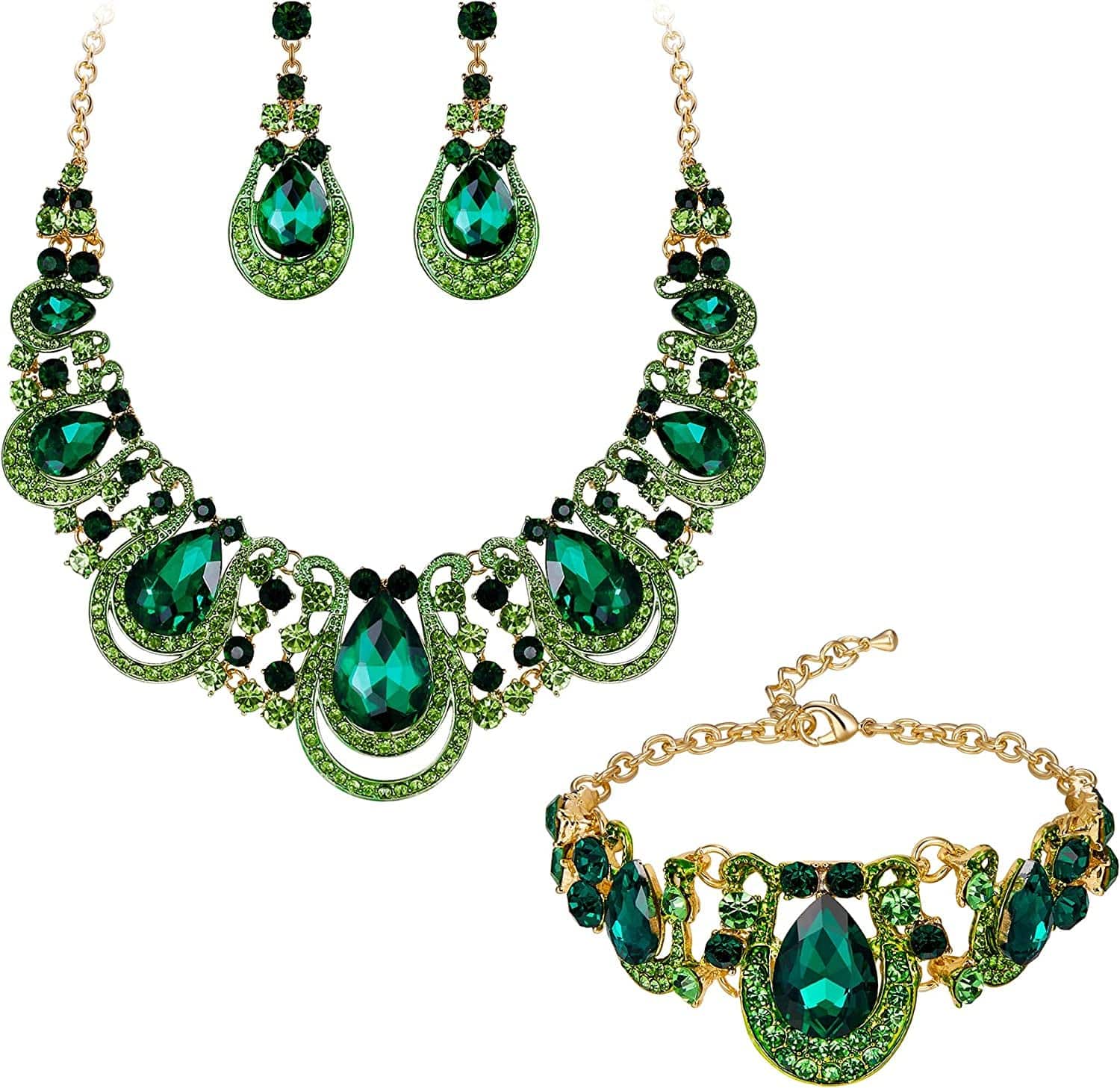Brilove Women'S Costume Fashion Crystal Teardrop Hollow Scroll Statement Necklace Dangle Earrings Set Emerald Color