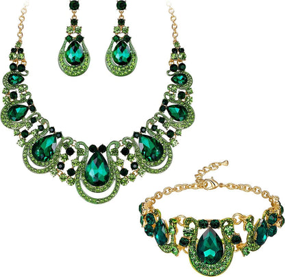 Brilove Women'S Costume Fashion Crystal Teardrop Hollow Scroll Statement Necklace Dangle Earrings Set Emerald Color