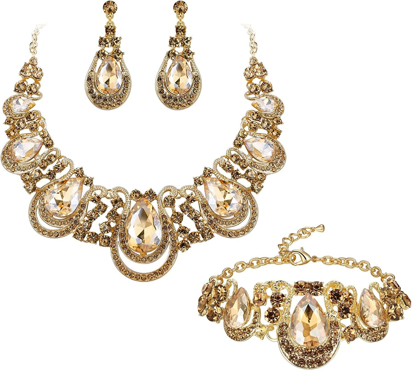 Brilove Women'S Costume Fashion Crystal Teardrop Hollow Scroll Statement Necklace Dangle Earrings Set Champagne Gold-Tone