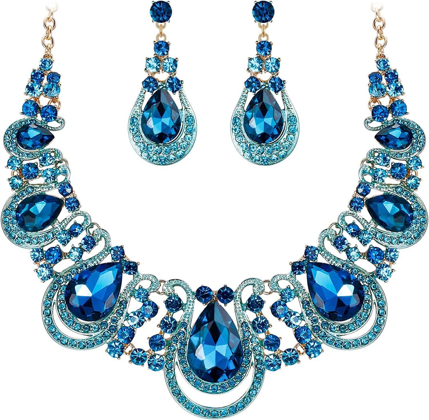 Brilove Women'S Costume Fashion Crystal Teardrop Hollow Scroll Statement Necklace Dangle Earrings Set 05-Blue Topaz Color Gold-Tone