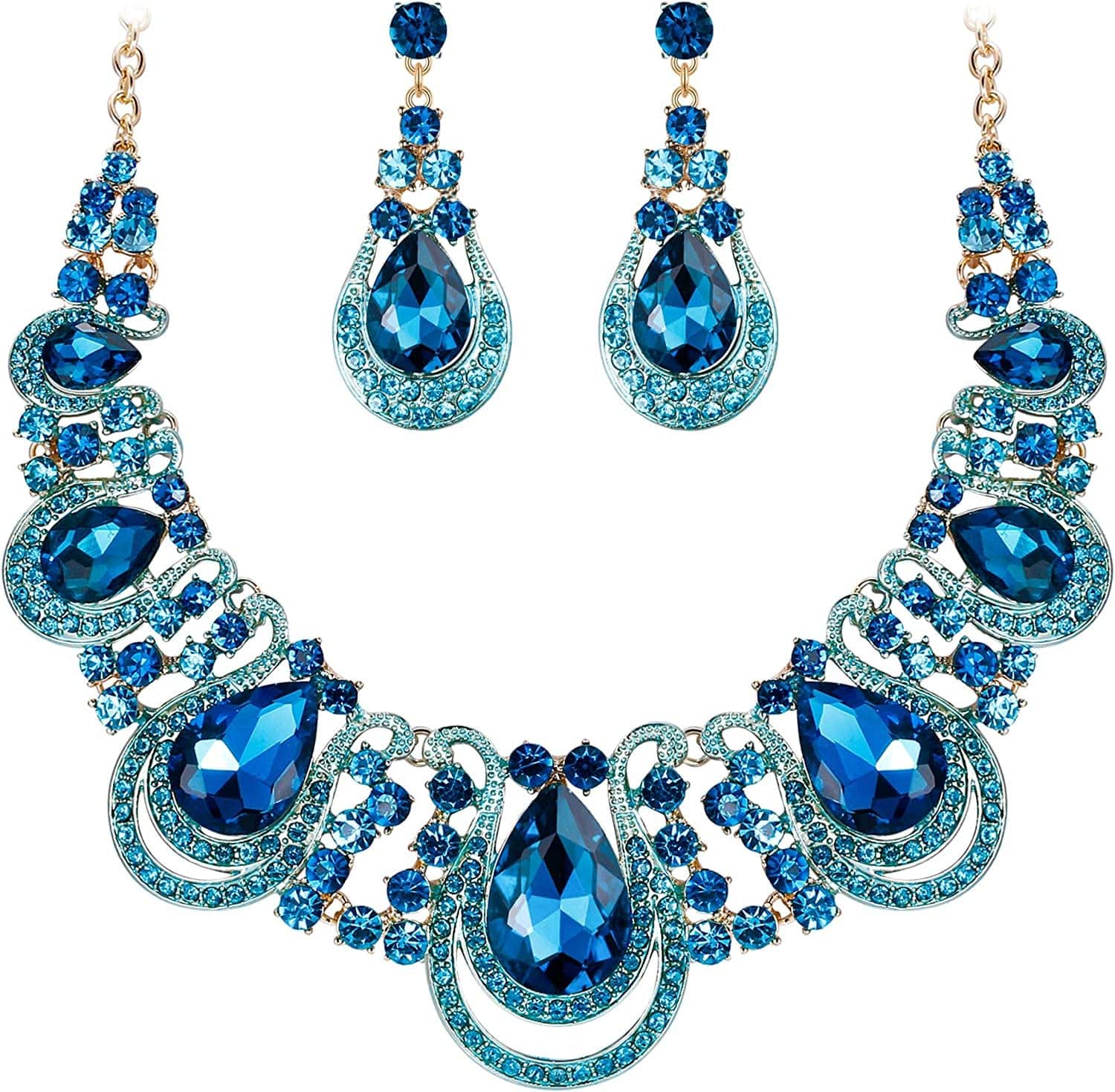 Brilove Women'S Costume Fashion Crystal Teardrop Hollow Scroll Statement Necklace Dangle Earrings Set 05-Blue Topaz Color Gold-Tone