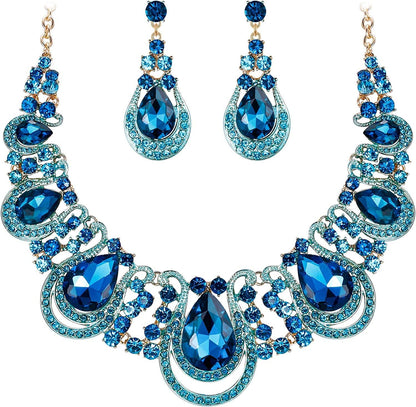 Brilove Women'S Costume Fashion Crystal Teardrop Hollow Scroll Statement Necklace Dangle Earrings Set 05-Blue Topaz Color Gold-Tone