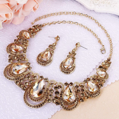 Brilove Women'S Costume Fashion Crystal Teardrop Hollow Scroll Statement Necklace Dangle Earrings Set