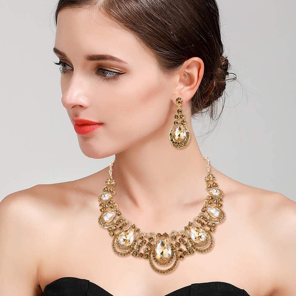 Brilove Women'S Costume Fashion Crystal Teardrop Hollow Scroll Statement Necklace Dangle Earrings Set