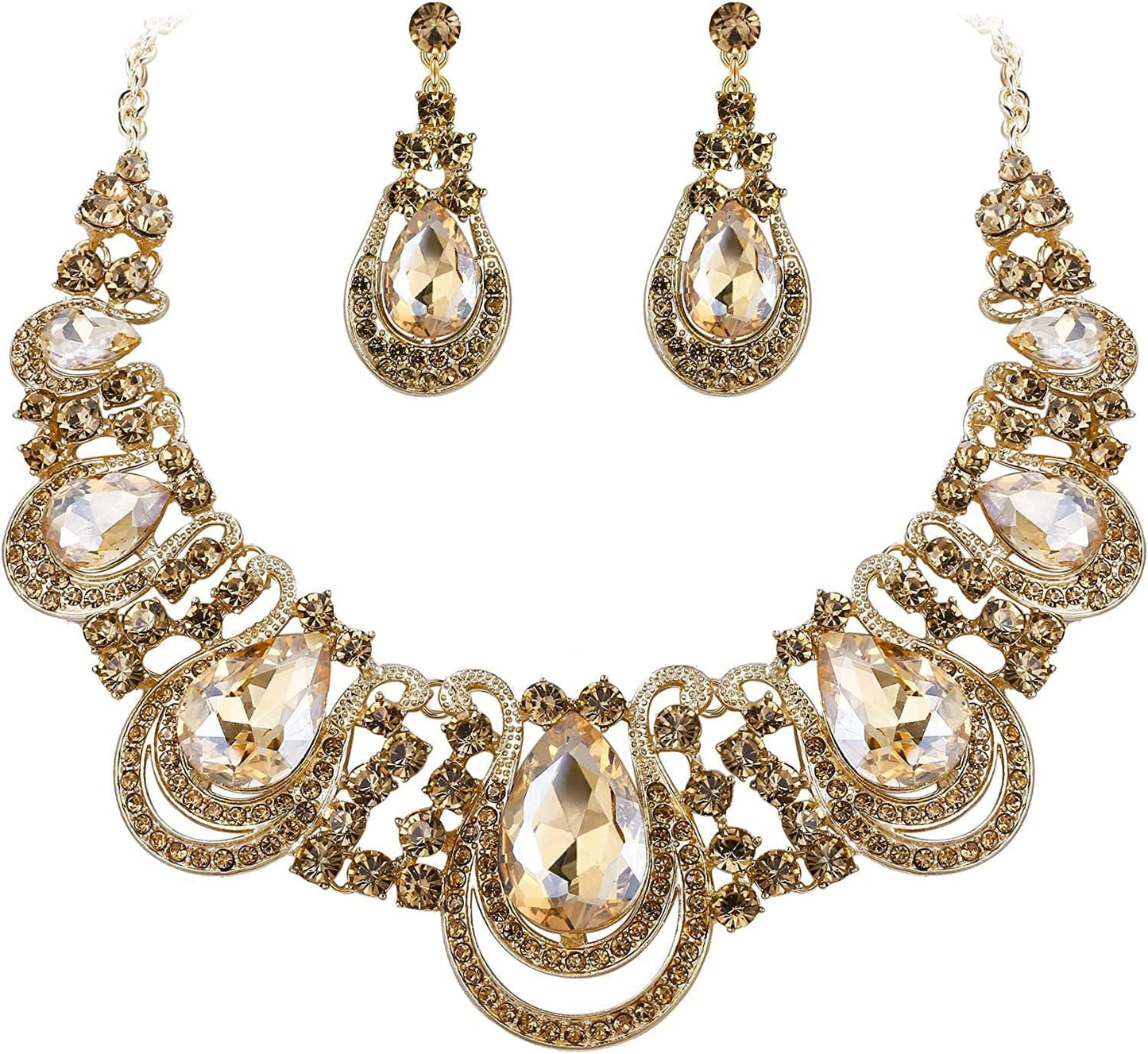 Brilove Women'S Costume Fashion Crystal Teardrop Hollow Scroll Statement Necklace Dangle Earrings Set 01-Champagne Gold-Tone