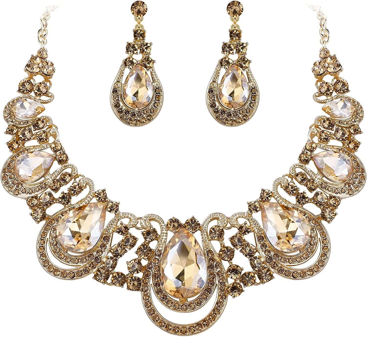 Brilove Women'S Costume Fashion Crystal Teardrop Hollow Scroll Statement Necklace Dangle Earrings Set 01-Champagne Gold-Tone