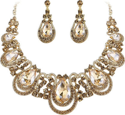 Brilove Women'S Costume Fashion Crystal Teardrop Hollow Scroll Statement Necklace Dangle Earrings Set 01-Champagne Gold-Tone
