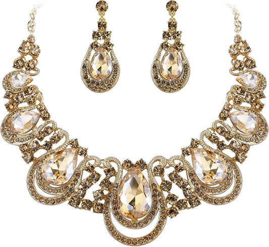Brilove Women'S Costume Fashion Crystal Teardrop Hollow Scroll Statement Necklace Dangle Earrings Set 01-Champagne Gold-Tone
