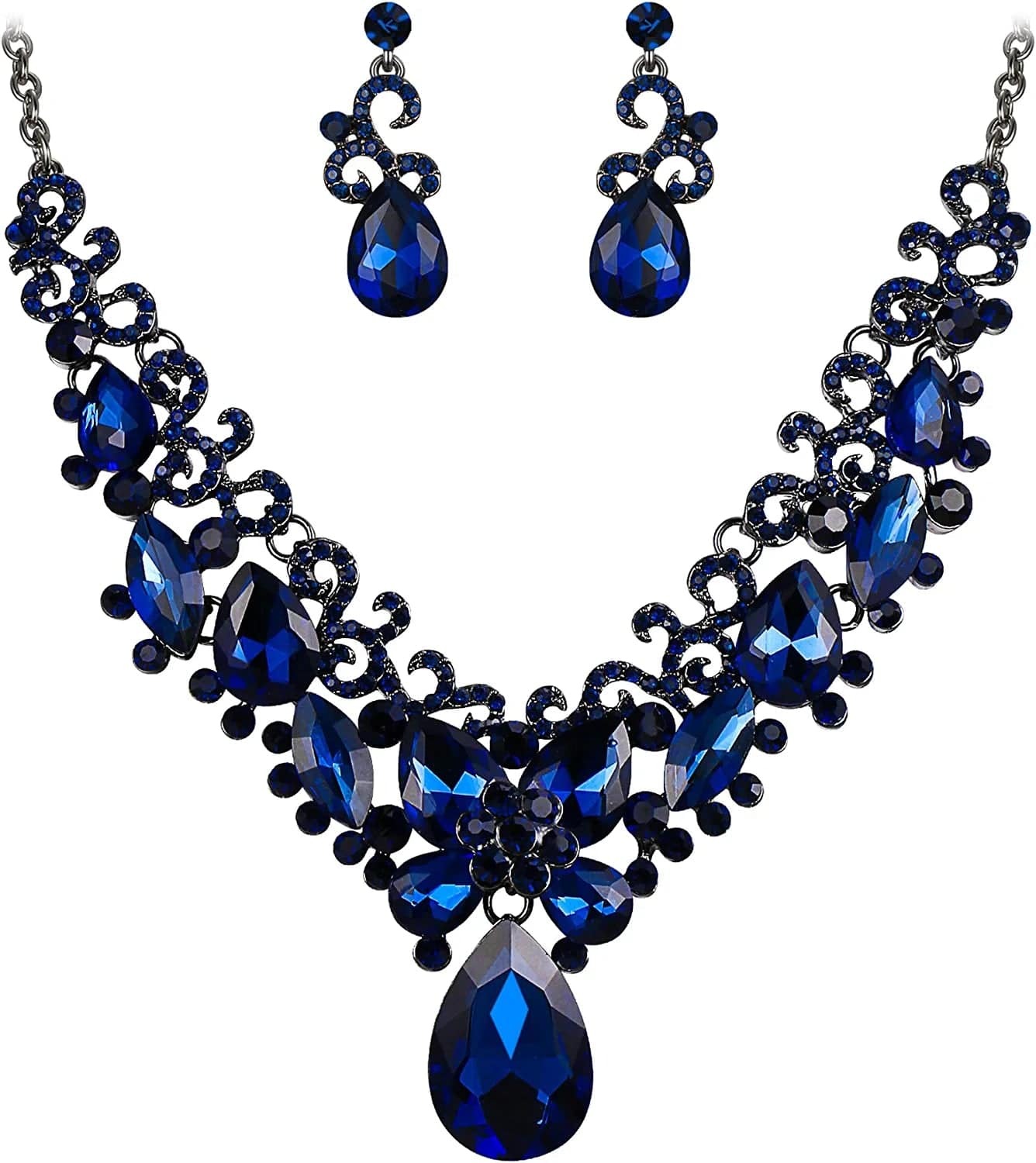 Brilove Women'S Costume Fashion Crystal Teardrop Marquise Butterfly Filigree Enamel Statement Necklace Dangle Earrings Set 08-Navy Blue Black-Tone