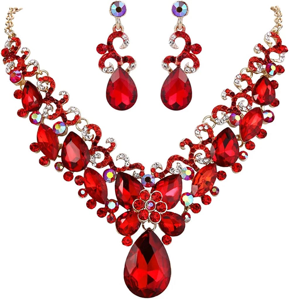 Brilove Women'S Costume Fashion Crystal Teardrop Marquise Butterfly Filigree Enamel Statement Necklace Dangle Earrings Set 02-Ruby Color Gold-Tone