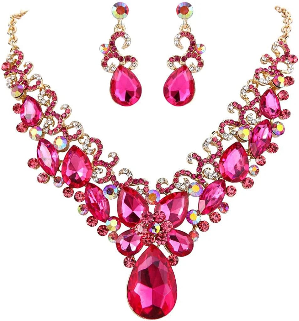 Brilove Women'S Costume Fashion Crystal Teardrop Marquise Butterfly Filigree Enamel Statement Necklace Dangle Earrings Set 06-Fuchsia Gold-Tone