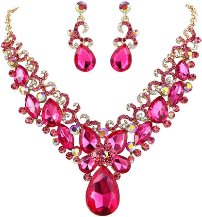Brilove Women'S Costume Fashion Crystal Teardrop Marquise Butterfly Filigree Enamel Statement Necklace Dangle Earrings Set 06-Fuchsia Gold-Tone