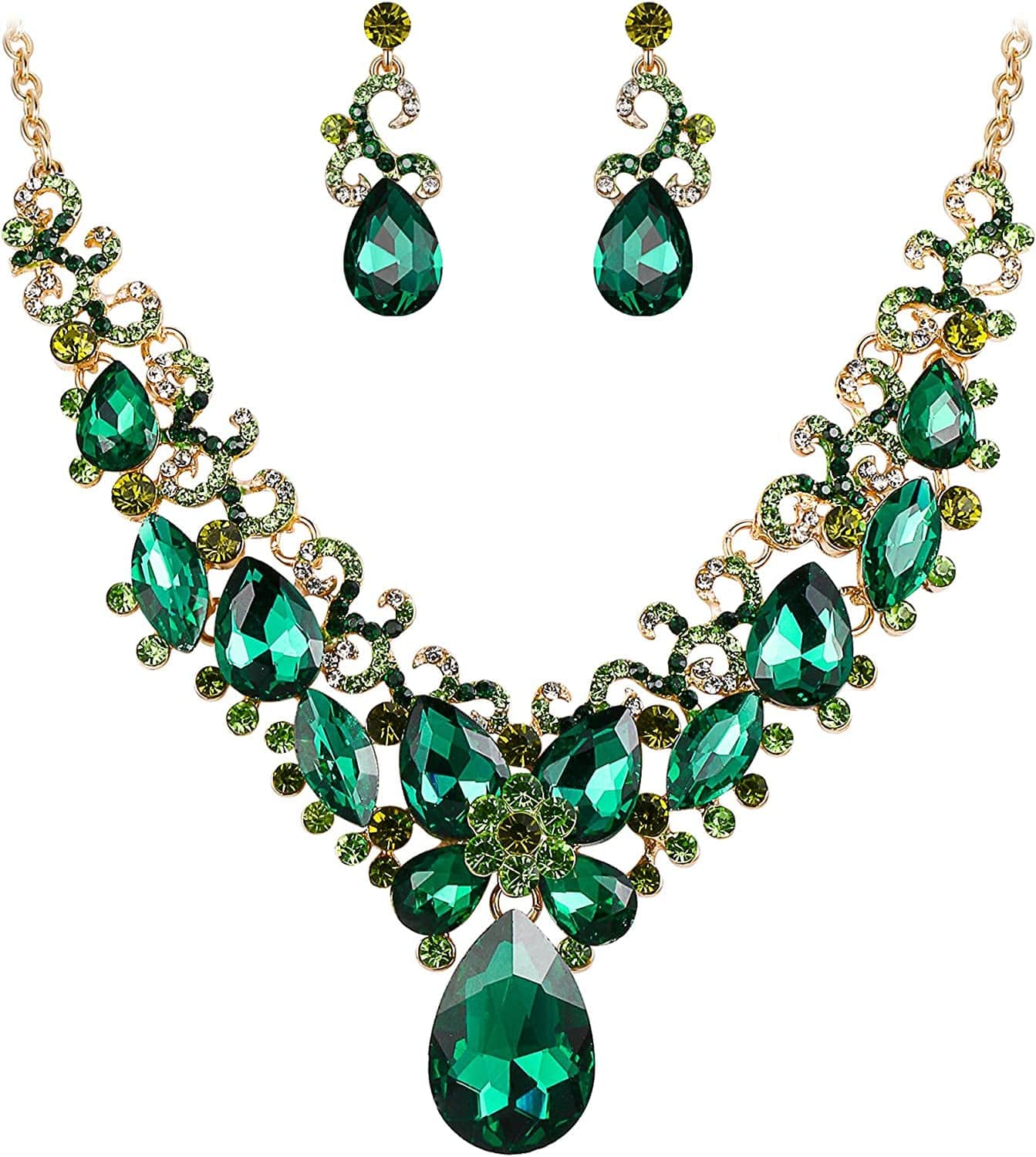 Brilove Women'S Costume Fashion Crystal Teardrop Marquise Butterfly Filigree Enamel Statement Necklace Dangle Earrings Set 01-Emerald Color Gold-Tone