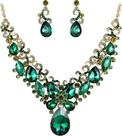 Brilove Women'S Costume Fashion Crystal Teardrop Marquise Butterfly Filigree Enamel Statement Necklace Dangle Earrings Set 01-Emerald Color Gold-Tone