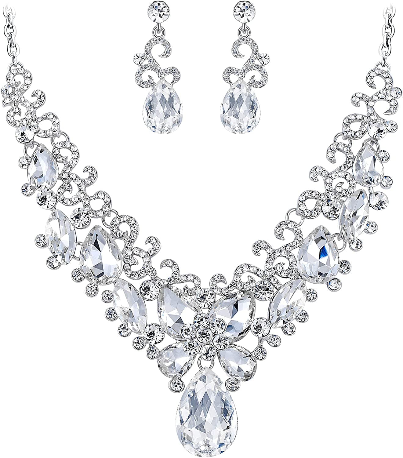 Brilove Women'S Costume Fashion Crystal Teardrop Marquise Butterfly Filigree Enamel Statement Necklace Dangle Earrings Set 03-Clear Silver-Tone