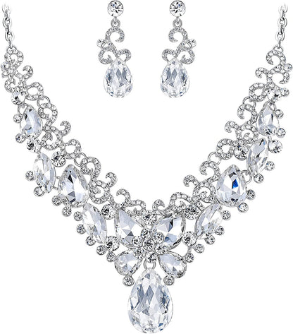Brilove Women'S Costume Fashion Crystal Teardrop Marquise Butterfly Filigree Enamel Statement Necklace Dangle Earrings Set 03-Clear Silver-Tone