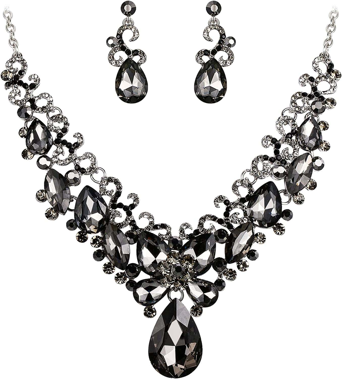 Brilove Women'S Costume Fashion Crystal Teardrop Marquise Butterfly Filigree Enamel Statement Necklace Dangle Earrings Set 07-Grey Silver-Tone