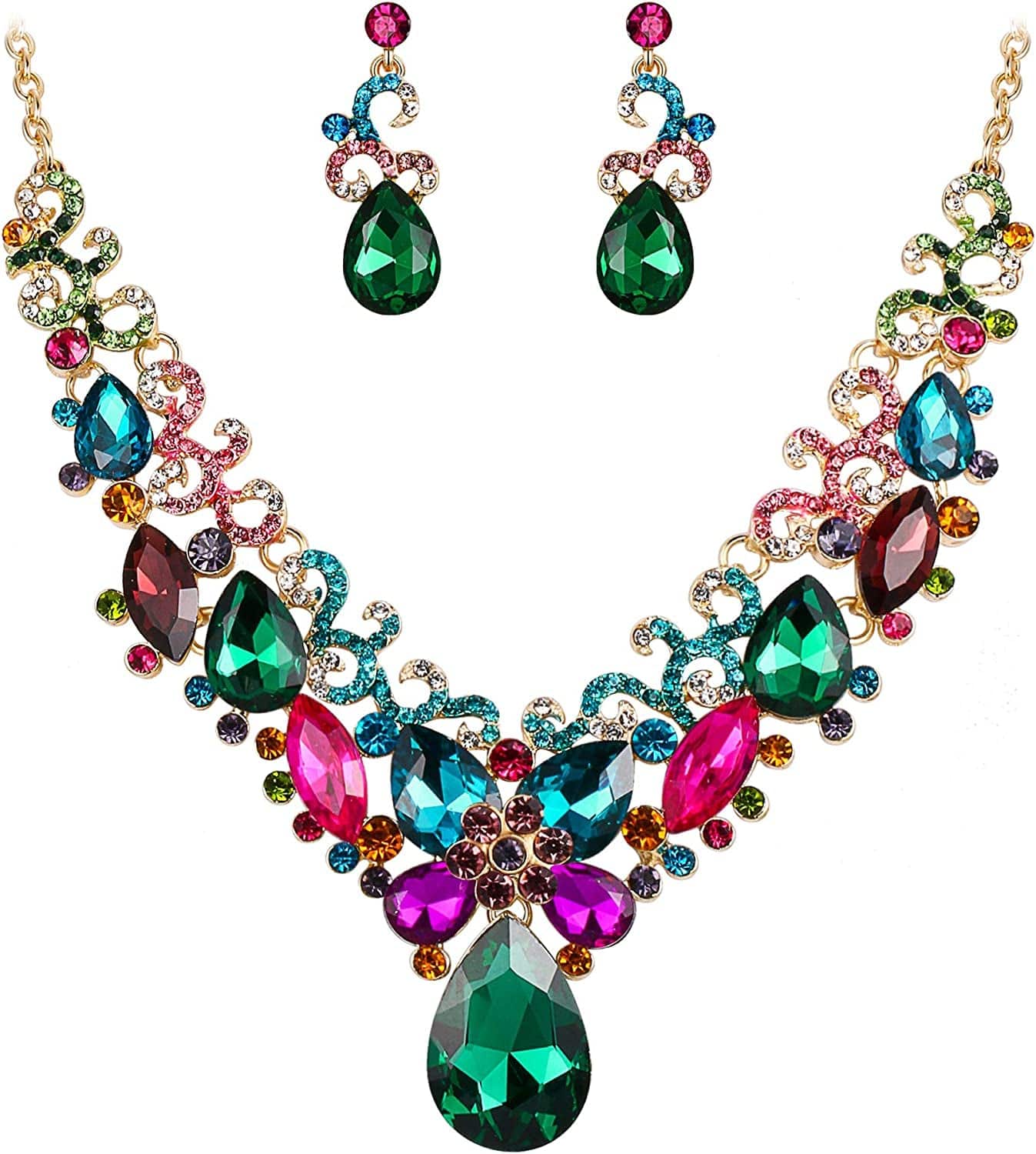 Brilove Women'S Costume Fashion Crystal Teardrop Marquise Butterfly Filigree Enamel Statement Necklace Dangle Earrings Set 09-Multicolor Gold-Tone