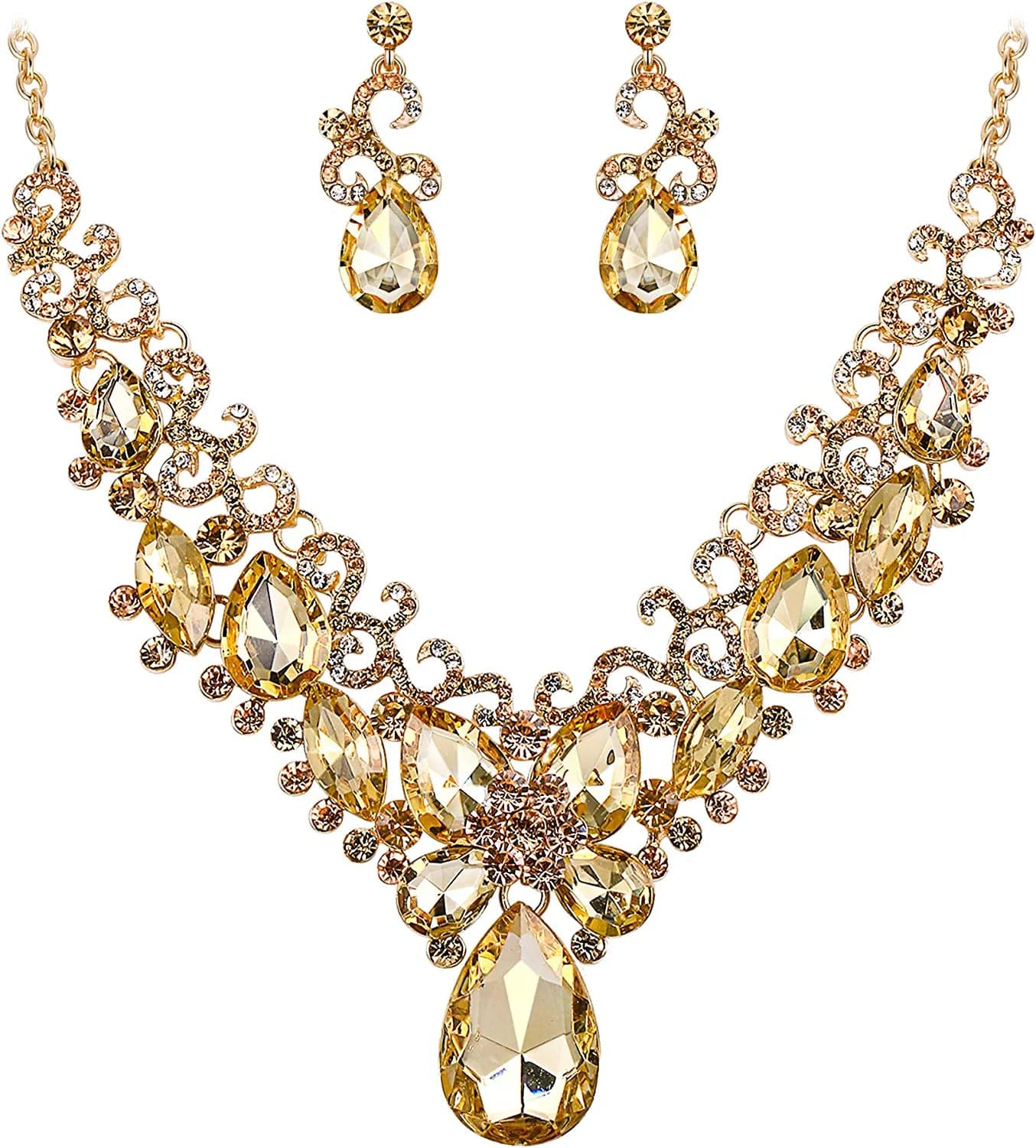 Brilove Women'S Costume Fashion Crystal Teardrop Marquise Butterfly Filigree Enamel Statement Necklace Dangle Earrings Set 05-Champagne Gold-Tone