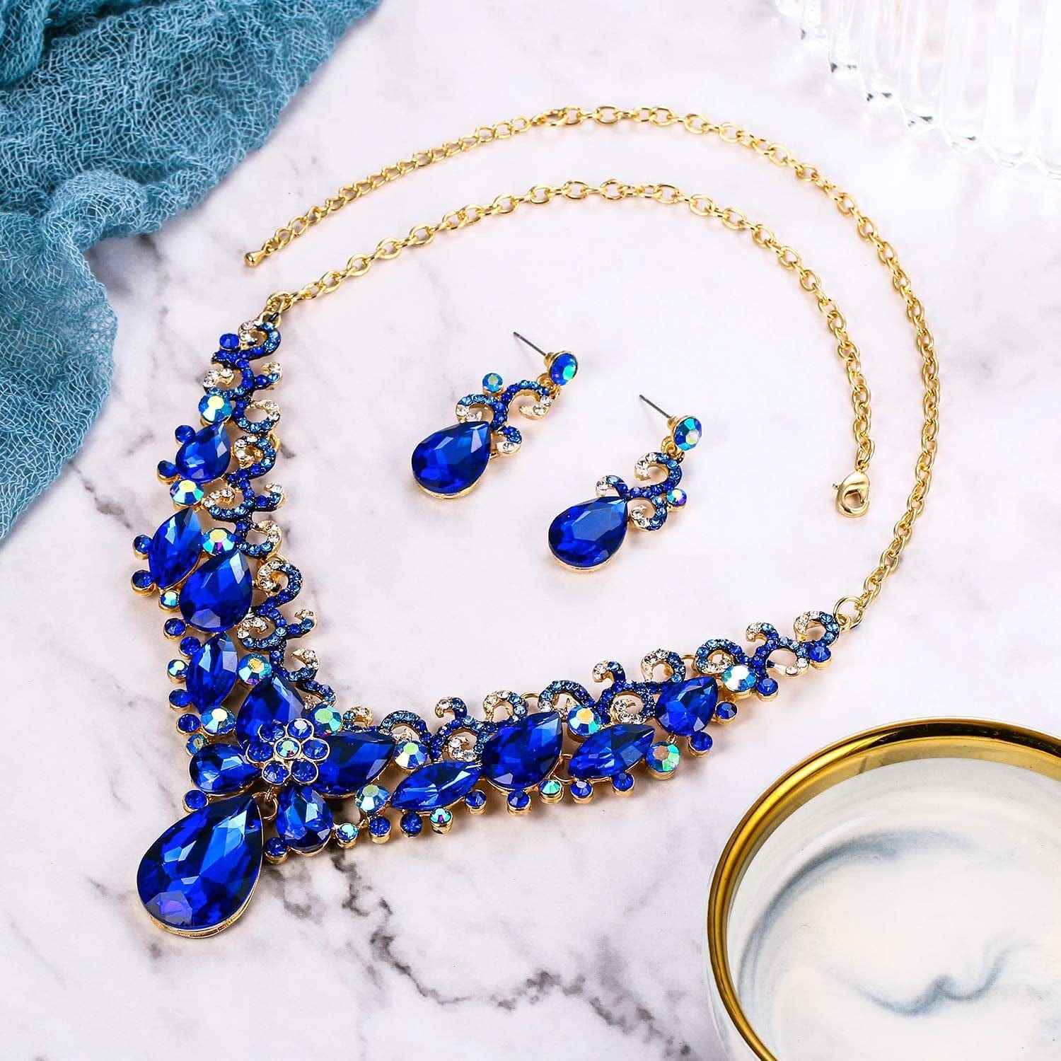 Brilove Women'S Costume Fashion Crystal Teardrop Marquise Butterfly Filigree Enamel Statement Necklace Dangle Earrings Set