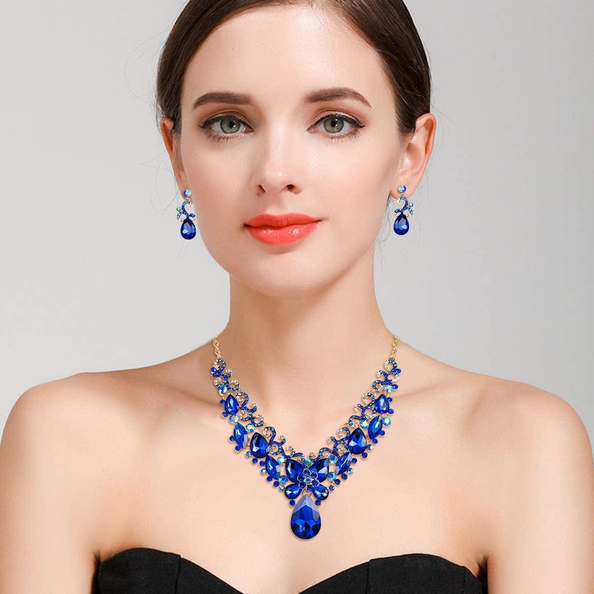 Brilove Women'S Costume Fashion Crystal Teardrop Marquise Butterfly Filigree Enamel Statement Necklace Dangle Earrings Set