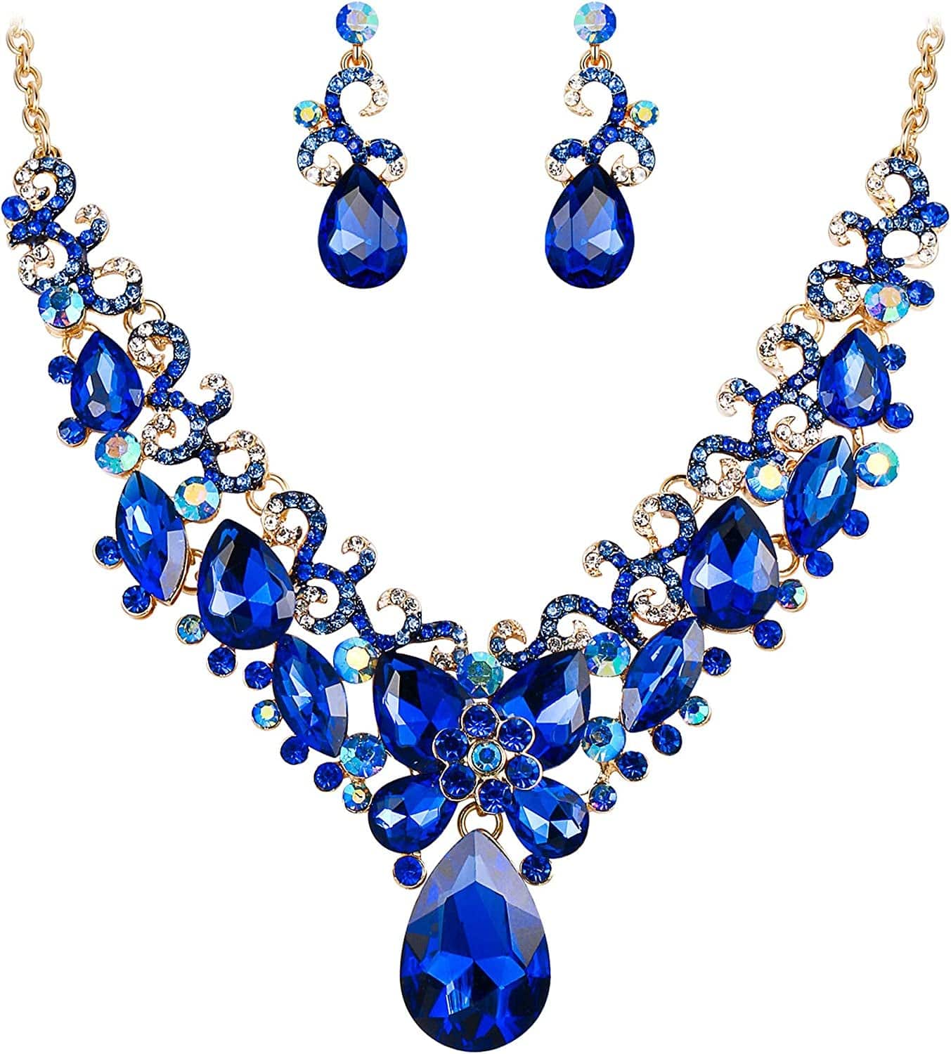 Brilove Women'S Costume Fashion Crystal Teardrop Marquise Butterfly Filigree Enamel Statement Necklace Dangle Earrings Set 04-Royal Blue Gold-Tone