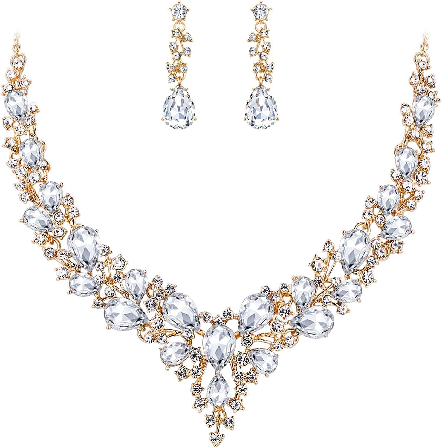 Brilove Women'S Wedding Bridal Austrian Crystal Teardrop Cluster Statement Necklace Dangle Earrings Jewelry Set 09-Clear Gold-Tone
