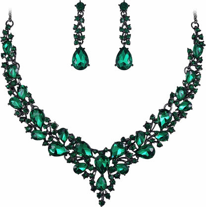 Brilove Women'S Wedding Bridal Austrian Crystal Teardrop Cluster Statement Necklace Dangle Earrings Jewelry Set 18-Emerald Color Black-Tone