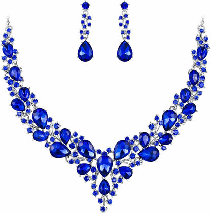 Brilove Women'S Wedding Bridal Austrian Crystal Teardrop Cluster Statement Necklace Dangle Earrings Jewelry Set 19-Blue Silver-Tone