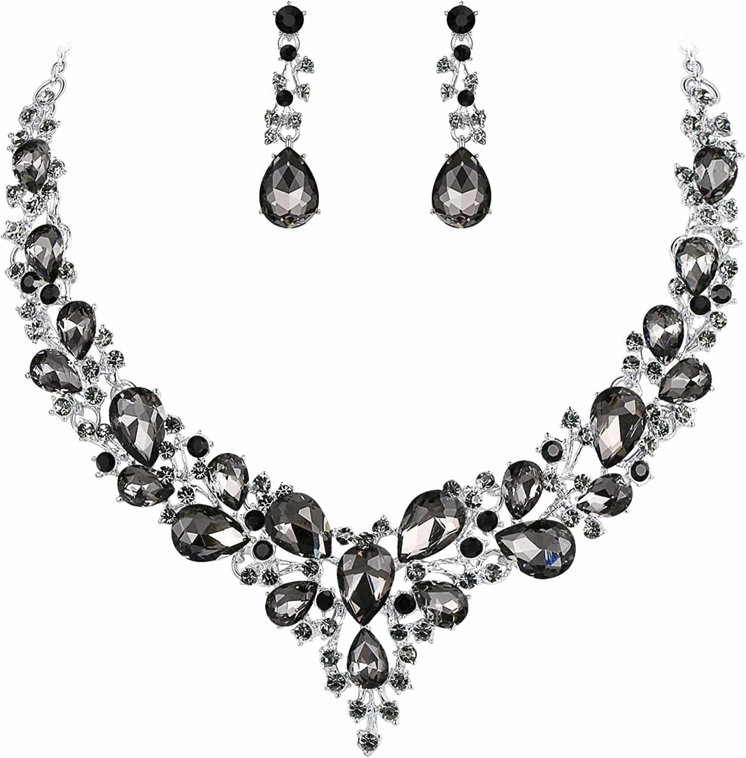 Brilove Women'S Wedding Bridal Austrian Crystal Teardrop Cluster Statement Necklace Dangle Earrings Jewelry Set 08-Grey Black Silver-Tone