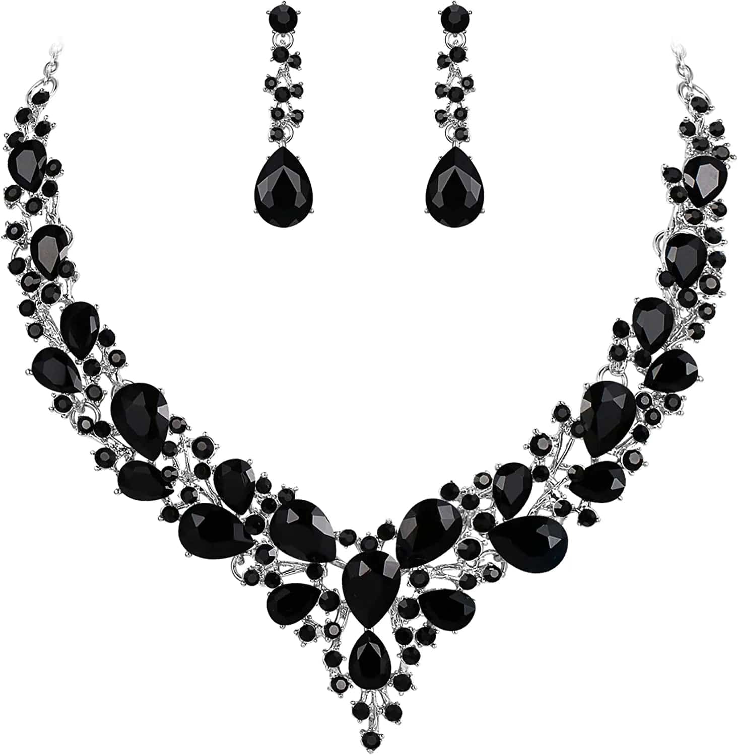 Brilove Women'S Wedding Bridal Austrian Crystal Teardrop Cluster Statement Necklace Dangle Earrings Jewelry Set 14-Black Silver-Tone