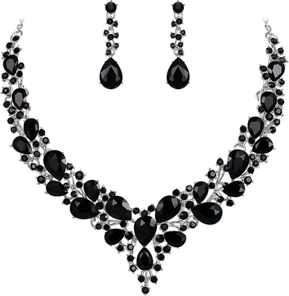 Brilove Women'S Wedding Bridal Austrian Crystal Teardrop Cluster Statement Necklace Dangle Earrings Jewelry Set 14-Black Silver-Tone