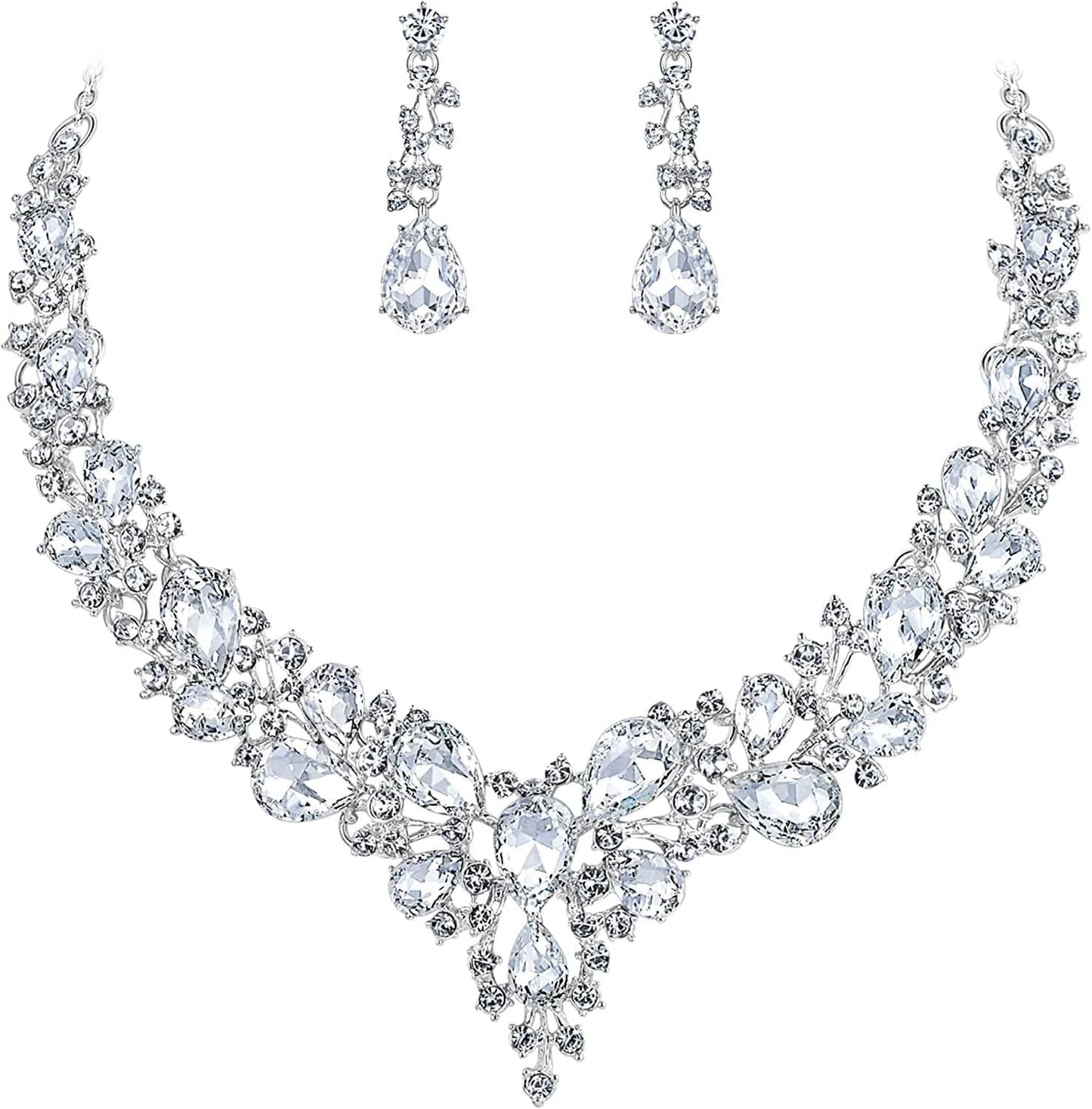 Brilove Women'S Wedding Bridal Austrian Crystal Teardrop Cluster Statement Necklace Dangle Earrings Jewelry Set 01-Clear Silver-Tone