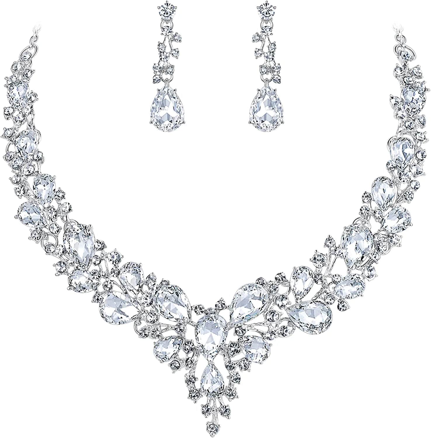 Brilove Women'S Wedding Bridal Austrian Crystal Teardrop Cluster Statement Necklace Dangle Earrings Jewelry Set 01-Clear Silver-Tone
