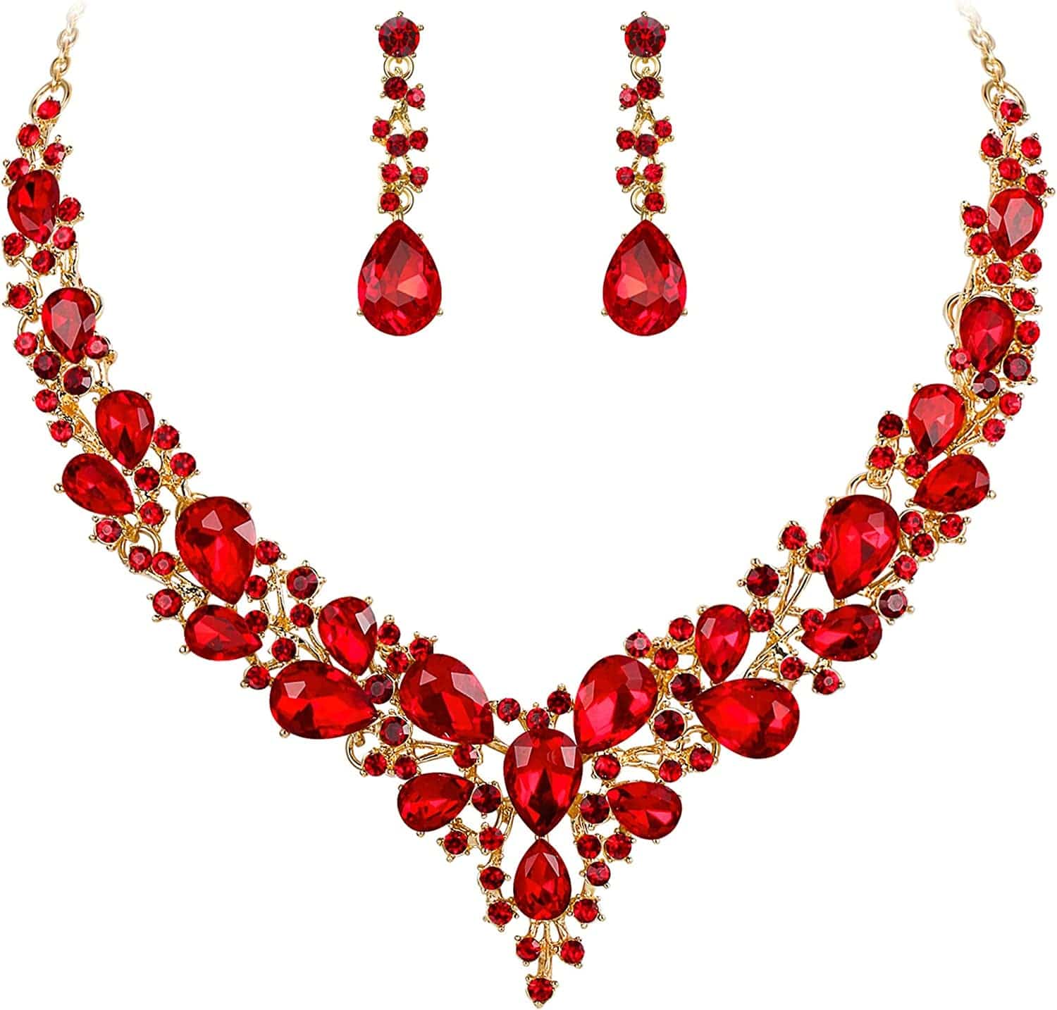 Brilove Women'S Wedding Bridal Austrian Crystal Teardrop Cluster Statement Necklace Dangle Earrings Jewelry Set Ruby Color Gold-Tone