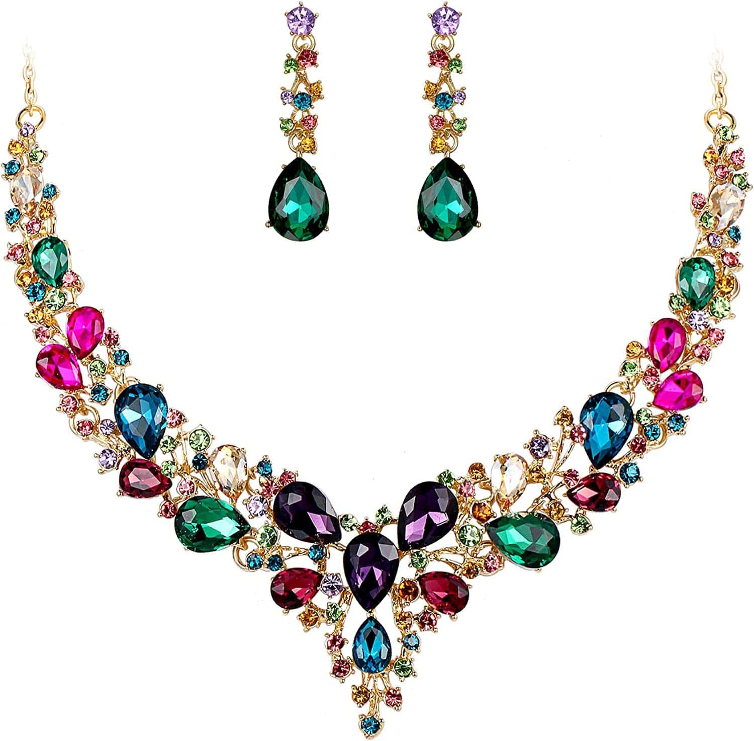 Brilove Women'S Wedding Bridal Austrian Crystal Teardrop Cluster Statement Necklace Dangle Earrings Jewelry Set 11-Multicolor Gold-Tone