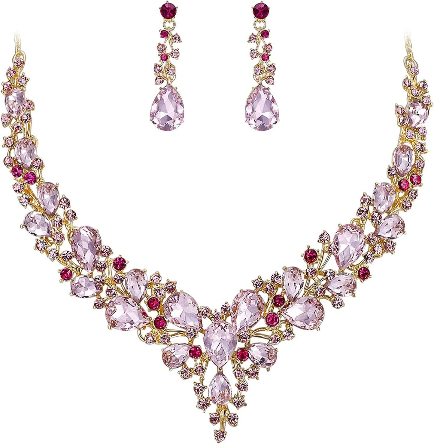 Brilove Women'S Wedding Bridal Austrian Crystal Teardrop Cluster Statement Necklace Dangle Earrings Jewelry Set 20-Pink Gold-Tone