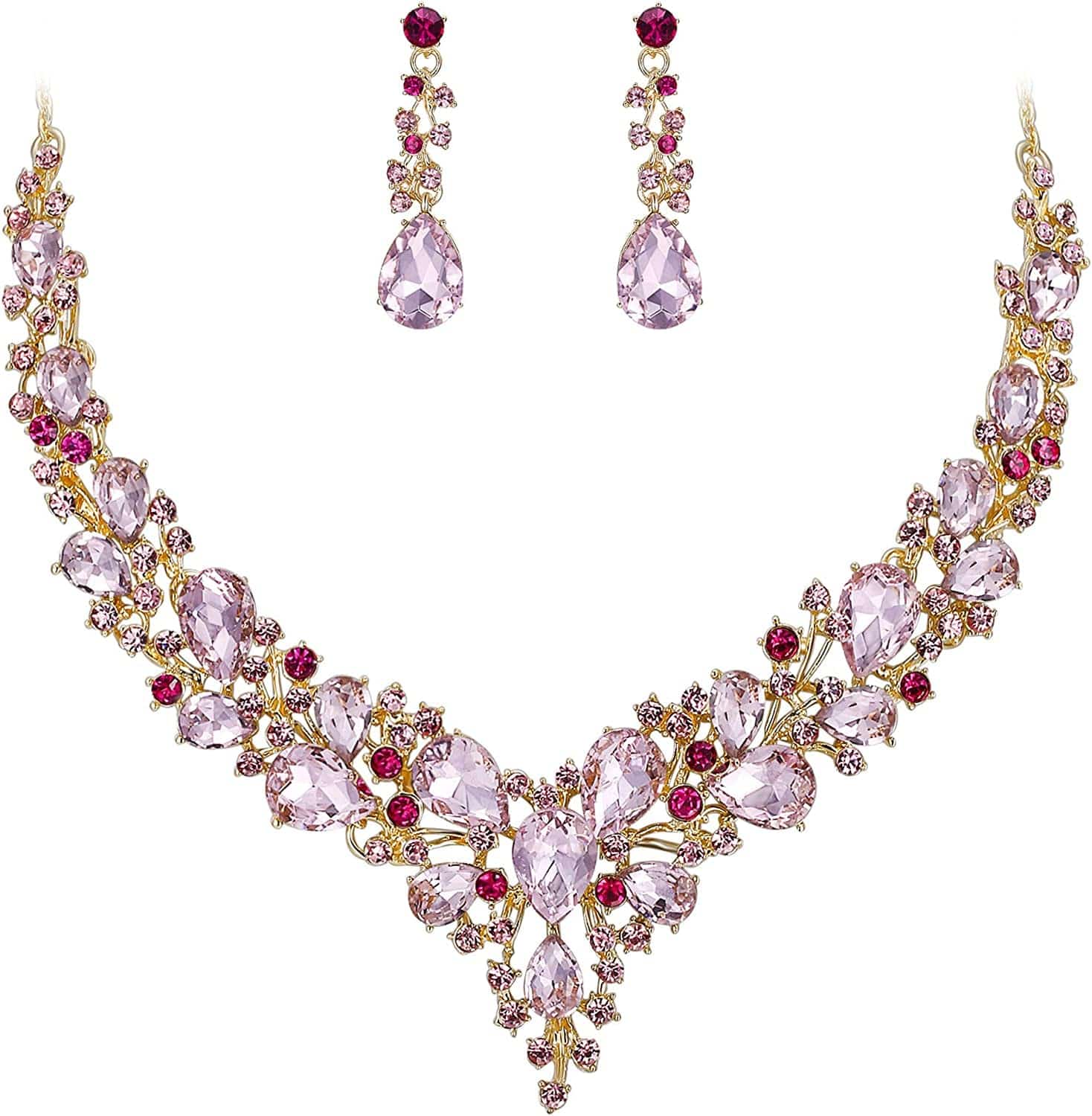 Brilove Women'S Wedding Bridal Austrian Crystal Teardrop Cluster Statement Necklace Dangle Earrings Jewelry Set 20-Pink Gold-Tone