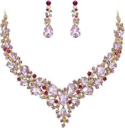 Brilove Women'S Wedding Bridal Austrian Crystal Teardrop Cluster Statement Necklace Dangle Earrings Jewelry Set 20-Pink Gold-Tone